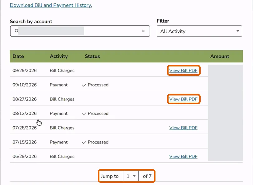 The PG&E billing history table with View Bill PDF links on the Bill Charges rows and the Jump to page control ringed.