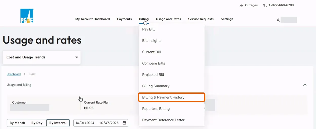 The PG&E Billing menu open, with Billing & Payment History ringed.