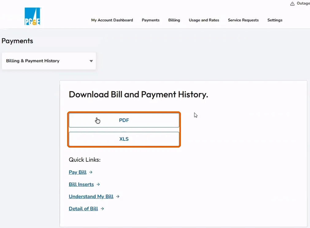 The PG&E Download Bill and Payment History panel with its PDF and XLS buttons ringed.