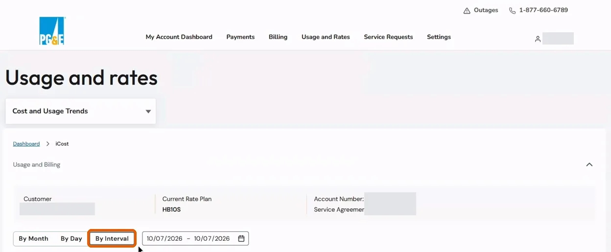 The PG&E usage view with the By Interval button ringed, next to By Month and By Day.