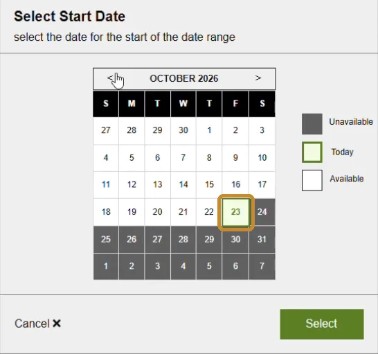 The SCE date picker for the download range, with today’s date ringed and later dates greyed out.