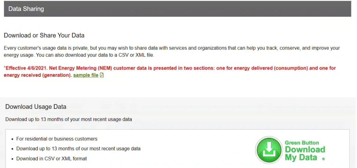 The SCE Data Sharing page, with the Download Usage Data panel and the Green Button Download My Data logo.