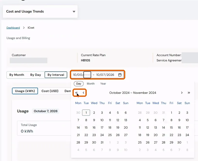 The PG&E date picker open on By Interval, with the date field and the back arrows ringed.