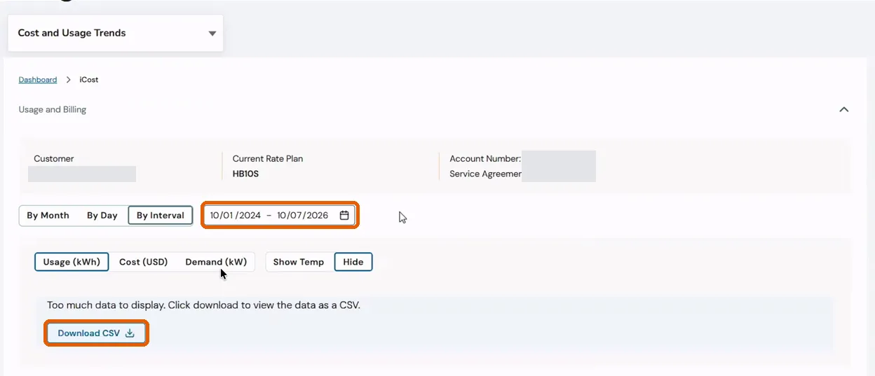 The PG&E usage view with a two-year date range, the message “Too much data to display” and the Download CSV button ringed.
