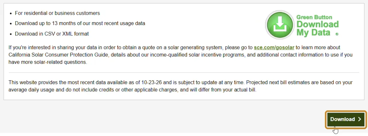 The Download Usage Data panel on sce.com, with the Download button at the lower right ringed.
