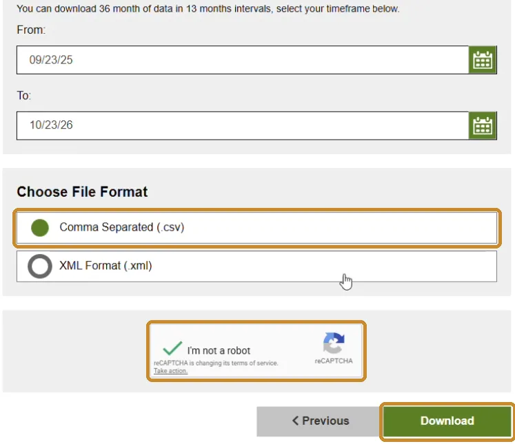 The SCE download form with From and To dates 13 months apart, Comma Separated (.csv) selected, the reCAPTCHA box and the Download button ringed.
