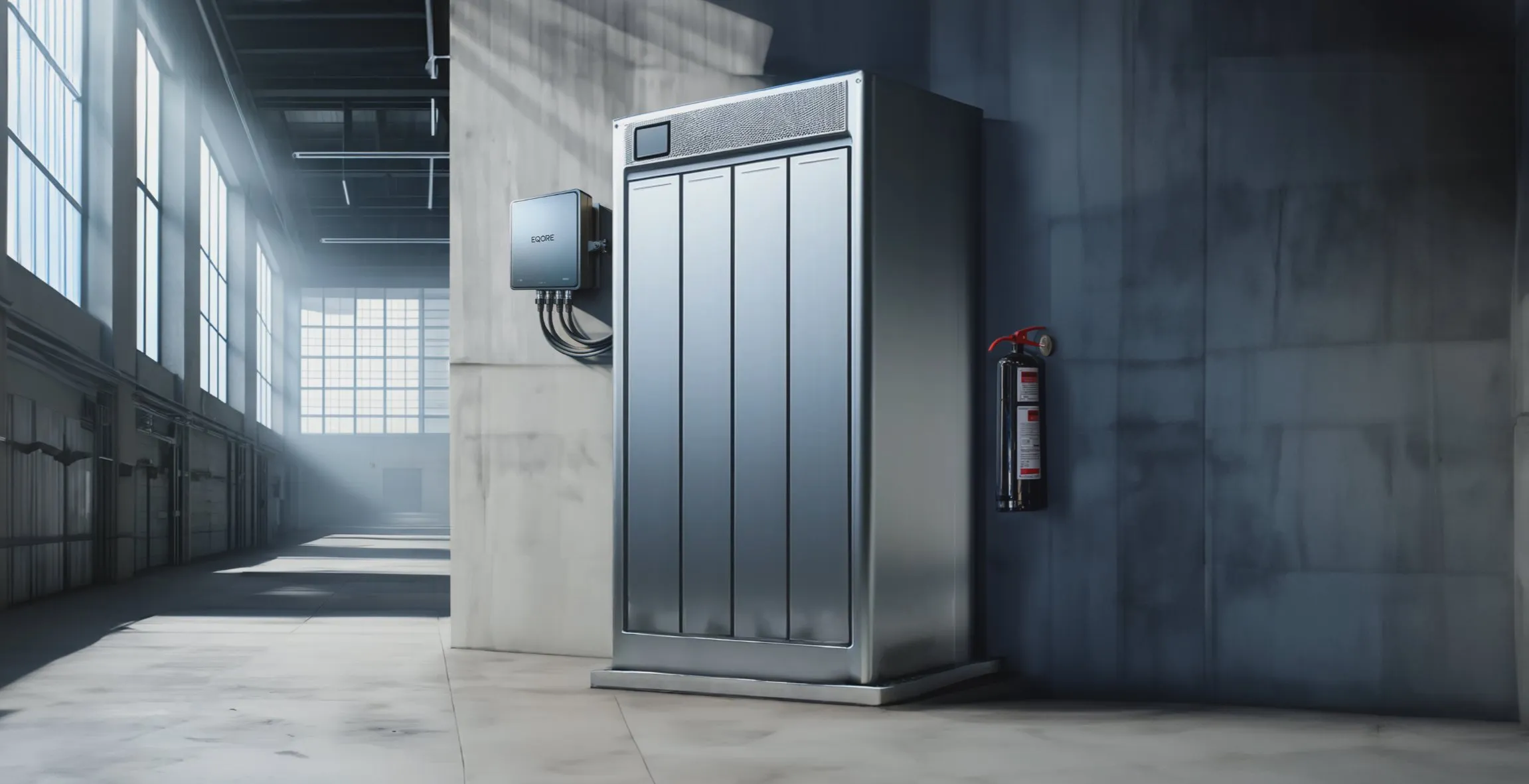 Early rendering of an EQORE battery cabinet inside an industrial facility