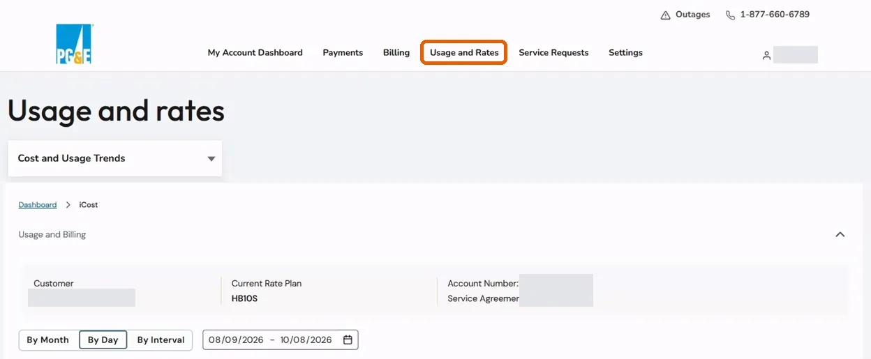 The PG&E account top menu with Usage and Rates ringed, above the Cost and Usage Trends view.